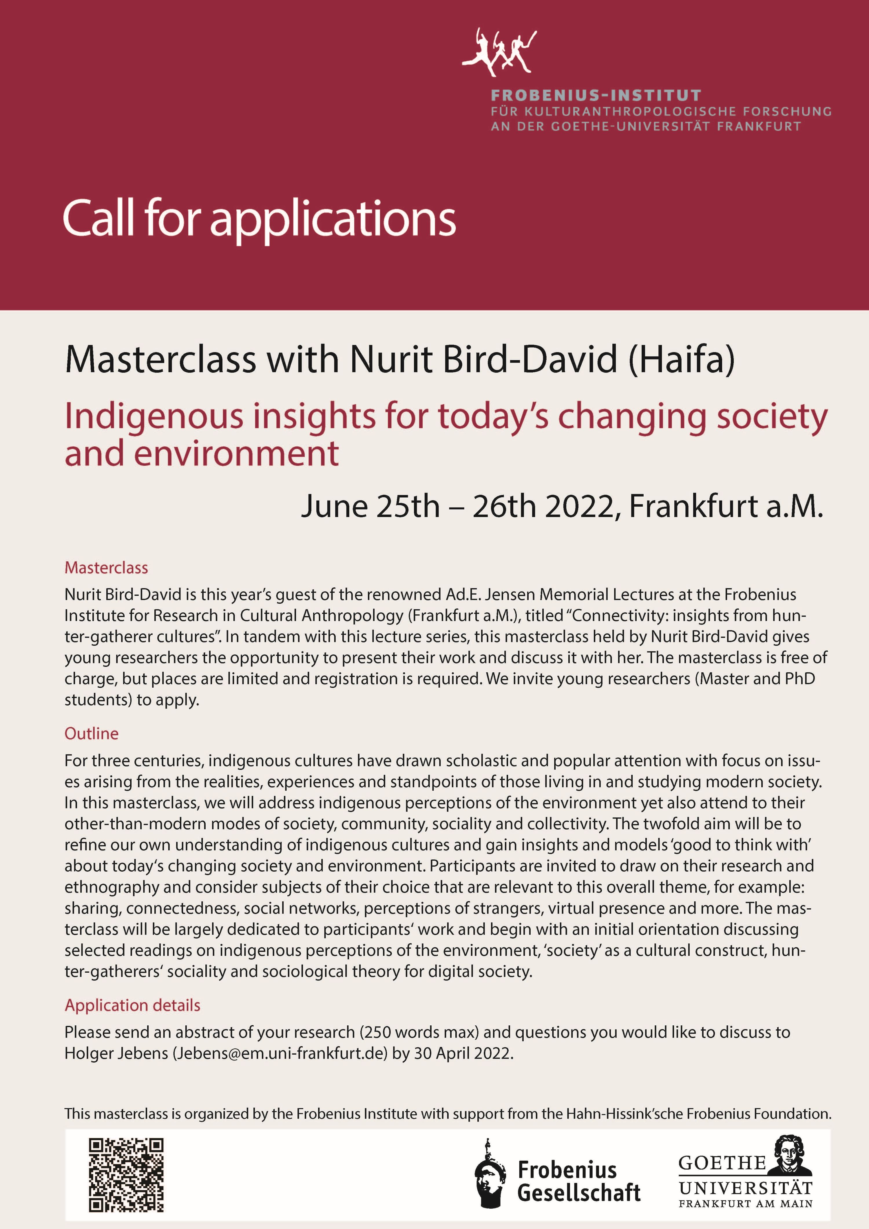 Call for Applications: Masterclass 2022 with Prof. Dr. Nurit Bird-David